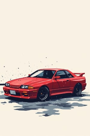 Pixel art concept poster with a simple and minimalist design. A red Nissan Skyline R32 is prominently displayed, with wet mist subtly surrounding it. The car is centered, with its sleek lines and details rendered in vibrant pixel art. The background is plain, allowing the car to stand out. The composition is clean and uncluttered, focusing solely on the iconic vehicle and the atmospheric wet mist.