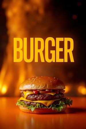 Minimalist typography digital image poster for product advertising, featuring a hyperdetailed UHD 3D double beef burger. The oversized vertical yellow text word “BURGER” is prominently displayed, with blurry fire flames in the background. The orange and black background enhances the visual impact, with sharp focus on the main subject.