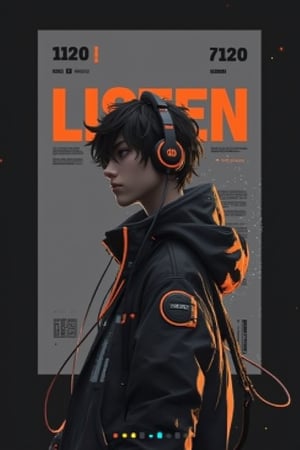 Minimalist 2D vector art typography poster with a hyperdetailed UHD image. The main subject is an anime boy with short messy hair, wearing headphones and a tech jacket, in a side profile view. A rectangle grey banner with tiny dots is behind him. The text word “LISTEN” is prominently displayed. The color scheme is black, orange, and grey, with sharp focus on the main subject.