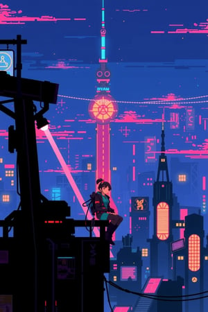 Pixel art style,pixel art design,anime cyborg sit at the edge of high tower,cyberpunk city,nightscape,neon,blue hue,wallpaper