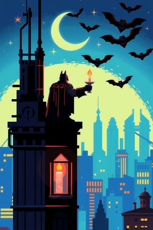 CANDLE,Pixel art style,pixel art design, Batman hold a candle at top a modern tower,look down to the dark city-only fews building light up by a candle from inside,
a crescent moon,stars and bats flying around,blue and yellow hues