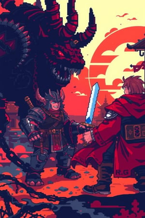 Pixel art style,pixel art design,a young warrior in armour,red robe,white sword,facing his demon monster enemy,ruin city,red and orange hue.