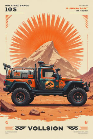 Midjourney_Whisper,MYtypography, A 2D flat illustration,side profile, of a Jeep Gladiator Mojave in an off-road, adventure-ready setup. The Jeep should have large, rugged off-road tires, a roof rack, light bar, storage boxes, and fuel containers attached to the bed. The vehicle is decorated with a fictional 'Jurassic Park' logo on the door. The illustration style should be minimalistic, with bold outlines and flat colors, primarily using shades of orange, brown, and beige to evoke a desert or rugged landscape. The background should feature a sunburst pattern in orange, with geometric shapes and a minimalist topographical design to enhance the adventure theme. Include subtle textures and design elements that give it a retro, outdoorsy vibe