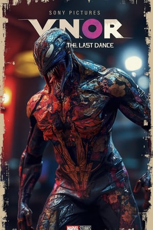 movie poster, titled Venom with subtitle The Last Dance by Sony Pictures. The poster features the movie character Venom, with his skin rendered in a Malaysia batik texture, adorned with medium and small floral motifs. The vibrant, striking colors include black hues. The image is realistic and detailed, with sharp focus on Venom, creating a hyperdetailed and visually striking composition.,Low poly art,low poly style,MYtypography