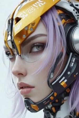 extreme close up,ultra fine close up,hyper detailed,MYtypography,typography,art and style, text word “NMSis”,white,left corner image,ultra fine close up realism/realistic potrait of beatiful cyberpunk mecha female humanoid face,gold mecha techgear from ,silver purple medium lenght hair,hazel brown eyes ball,modelling,angry face gesture,grey hues.