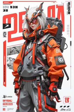 TECHWEAR OUTFIT,CYBERPUNK CHARACTER,MECHA TECHWEAR,SCI-FI,FUTURISTIC,CYBERPUNK CHARACTER,MYtypography,typography,art and style,young boy warrior,white long hair,orange,red and grey techwear outfit,well equipped,hyper detailed,standing look straight to camera,a logo "☠️" background 