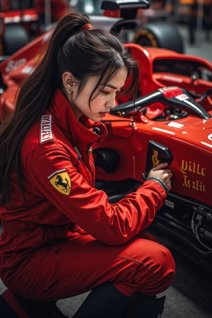 anime styles and aesthetics,character aesthetic, A captivating portrait photograph of a Malay woman, in a anime drawings style showcasing her expertise as a mechanical team member for the Ferrari F1 team. She is kneeling beside a sleek Ferrari F1 car, her long tied hair framing her face as she focuses intently on the task at hand. Wearing a vibrant red Ferrari mechanical team suit, she effortlessly blends with the car's iconic color scheme. The camera captures the scene from an innovative up-down angle, emphasizing the intricate lines of the car and the woman's skilled hands at work. The high-key lighting adds warmth and depth to the image, highlighting the fusion of speed, precision, and feminine beauty