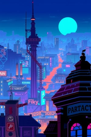 Pixel art style,pixel art design,anime cyborg sit at the edge of high tower,cyberpunk city,nightscape,neon,blue hue,wallpaper