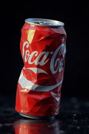 low poly style,low poly illustration ,a twisted and dented Coke can drink.glossy black wallpaper background 