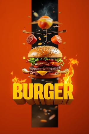 Minimalist typography digital image poster for product advertising, featuring an exploded theme style 3D double beef burger. Each exploded layer showcases burger ingredients like beef patty, cheese, vegetables, and sauces. The oversized yellow text word “BURGER” is displayed below the burger image, with blurry fire flames in the background. The orange and black background enhances the visual impact, with sharp focus on the main subject.