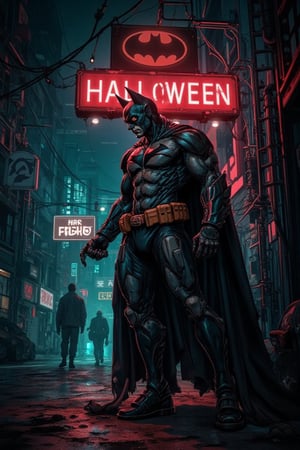 HALLOWEEN COSTUME,anime styles and aesthetics,concept art aesthetic,character aesthetic,cyberpunk anime concept and aesthetic,modern digital illustration,Batman as a zombie in dark city