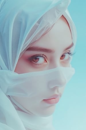 extreme close up,ultra fine close up,hyper detailed,MYtypography,typography,art and style, text word “XHijab”,white,left corner image,ultra fine close up realism/realistic potrait of muslim malay with white hijab,hazel brown eyes ball,modelling,angry face gesture,pastel blue hues.