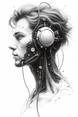 A pencil and charcoal sketch of a side profile humanoid head and face, featuring a male human real face with robotic mechanisms including cables, wires, fluid veins, nuts, and bolts extending from the cheek, neck, and body. The back of the head is filled with intricate mecha gear, and the hi-tech earphone design is complemented by thick hair. The drawing is hyper-detailed, set against a white background, capturing the blend of organic and mechanical elements with precise strokes.