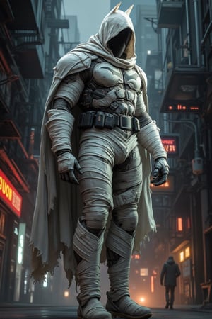 HALLOWEEN COSTUME,anime styles and aesthetics,concept art aesthetic,character aesthetic,cyberpunk anime concept and aesthetic,modern digital illustration, batman wrapped in mumia:mummy white clothes from head to toe.horror,haunted city 