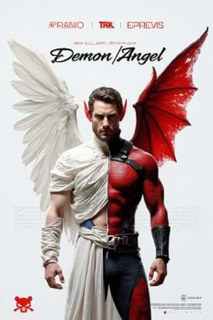 Typography movie poster with the text word “Demon/Angel”. The fantasy figure is a full-body character, a muscular male with a split identity between angel and demon, featuring a real human head and face. His right side, from neck to waist, is in an angelic form with a white feather wing and wearing a white robe, while his left side is a red demon figure with red bat wings and wearing a black leather costume. The character stands and looks straight at the camera. The UHD image ensures sharp and clear details, capturing the intricate design of the subject, with white and red hues.