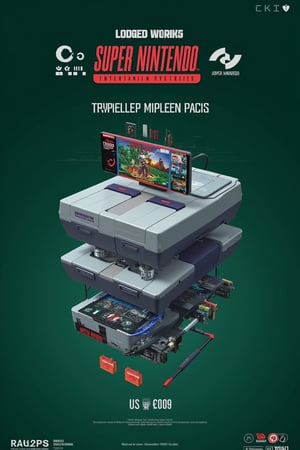 Minimalist digital typography poster with a hyperdetailed UHD image. The main subject is an exploded view of a classic Super Nintendo Entertainment System (SNES) console, with each layer depicting internal components and iconic game scenes and characters like Star Wars, Mario, and Marvel. The dark green background complements the vibrant, nostalgic art style of 90s video games, with sharp focus on the main subject.