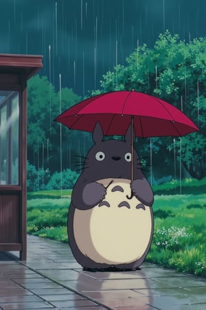 anime style image of a Totoro holding a red umbrella under an heavy rain at a bus stop in the countryside