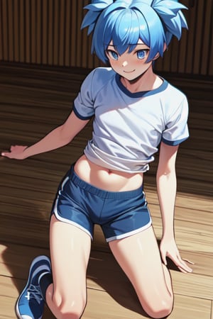 masterpiece, best quality, high quality, 1boy, solo, male focus, looking at audience, full body, Shiota Nagisa, blue hair, blue eyes, blush, smile, natural light, male focus, blush, socks, blue sneakers, wearing T shirt and gym shorts, dark blue boxer briefs underneath the light gray gym shorts, the waistband of the boxer briefs is visible, the shorts are adjusted so that the shorts are visible underneath the boxer briefs, the shorts are pulled down slightly to reveal the waistband of the boxer briefs, wearing a white T-shirt, light gray Athletic shorts, dark blue boxer briefs waistband visible, boxer briefs peeking out of shorts, short twintails, motion blur, motion lines, detailed skin texture, anatomical learning accuracy, relaxed pose, natural indoor lighting, soft shadows, casual expressions, dynamic angles, high resolution rendering, anatomical details, dynamic angles, motion blur, speed lines, park, daytime, realistic anatomy photorealistic, photorealistic, high detail,** High Quality Textures, Detailed Lighting, Dramatic Lighting, High Resolution, 8K Resolution, Natural Skin Textures, Soft Shadows, Ambient Lighting, Sharp Details, Fine Skin Pores, 100% Skin Textures, Subtle Facial Expressions, Happy, Calm mood, authentic style