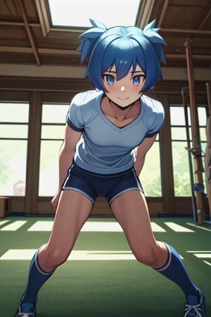 masterpiece, best quality, high quality, 1boy, solo, male focus, looking at audience, full body, Shiota Nagisa, blue hair, blue eyes, blush, smile, natural light, male focus, blush, socks, blue sneakers, wearing T shirt and gym shorts, dark blue boxer briefs underneath the light gray gym shorts, the waistband of the boxer briefs is visible, the shorts are adjusted so that the shorts are visible underneath the boxer briefs, the shorts are pulled down slightly to reveal the waistband of the boxer briefs, wearing a white T-shirt, light gray Athletic shorts, dark blue boxer briefs waistband visible, boxer briefs peeking out of shorts, short twintails, motion blur, motion lines, detailed skin texture, anatomical learning accuracy, relaxed pose, natural indoor lighting, soft shadows, casual expressions, dynamic angles, high resolution rendering, anatomical details, dynamic angles, motion blur, speed lines, park, daytime, realistic anatomy photorealistic, photorealistic, high detail,** High Quality Textures, Detailed Lighting, Dramatic Lighting, High Resolution, 8K Resolution, Natural Skin Textures, Soft Shadows, Ambient Lighting, Sharp Details, Fine Skin Pores, 100% Skin Textures, Subtle Facial Expressions, Happy, Calm mood, authentic style