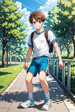 Score_8_up,score_7_up,Expressive,Masterpiece,Best quality,Best aesthetics,Perfect anatomy,Perfect proportions,High resolution,Good colors,Bright skin,Good shading,Good eyes,Counter shading,Detailed background,BREAK,male focus,male,Aoba_Watase,short hair,brown hair,green eyes,BREKA,rating_safe,day,natural light,male focus,smile,backpack,shirt,1boy,white shirt,outdoor,shoes,shorts,day,socks , tree, white footwear, white socks, sneakers, gym clothes, blue shorts, sportswear, standing in the park during daytime, intricate detailed illustration, depth field, atmospheric perspective, motion blur, motion lines, detailed skin texture , anatomical learning accuracy, relaxed poses, natural indoor lighting, soft shadows, casual expressions, dynamic angles, high-resolution rendering, anatomical details, dynamic angles, motion blur, speed lines, in the park, daytime, realistic anatomy Feeling, Realism, High Detail, **High Quality Textures, Detailed Lighting, Dramatic Lighting, High Resolution, 8K Resolution, Natural Skin Texture, Soft Shadows, Ambient Lighting, Sharp Details, Fine Skin Pores, **Skin Texture, Subtle facial expressions, happiness, calm mood, realistic style