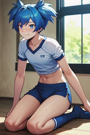 masterpiece, best quality, high quality, 1boy, solo, male focus, looking at audience, full body, Shiota Nagisa, blue hair, blue eyes, blush, smile, natural light, male focus, blush, socks, blue sneakers, wearing T shirt and gym shorts, dark blue boxer briefs underneath the light gray gym shorts, the waistband of the boxer briefs is visible, the shorts are adjusted so that the shorts are visible underneath the boxer briefs, the shorts are pulled down slightly to reveal the waistband of the boxer briefs, wearing a white T-shirt, light gray Athletic shorts, dark blue boxer briefs waistband visible, boxer briefs peeking out of shorts, short twintails, motion blur, motion lines, detailed skin texture, anatomical learning accuracy, relaxed pose, natural indoor lighting, soft shadows, casual expressions, dynamic angles, high resolution rendering, anatomical details, dynamic angles, motion blur, speed lines, park, daytime, realistic anatomy photorealistic, photorealistic, high detail,** High Quality Textures, Detailed Lighting, Dramatic Lighting, High Resolution, 8K Resolution, Natural Skin Textures, Soft Shadows, Ambient Lighting, Sharp Details, Fine Skin Pores, 100% Skin Textures, Subtle Facial Expressions, Happy, Calm mood, authentic style