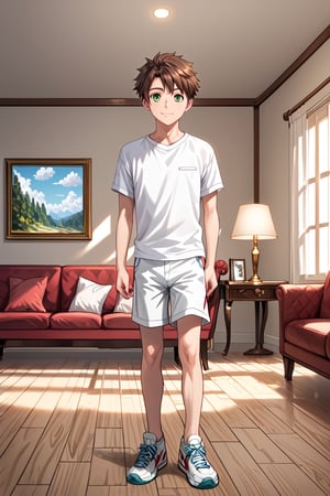 Score_8_up,score_7_up,Expressive,Masterpiece,Best quality,Best aesthetics,Perfect anatomy,Perfect proportions,High resolution,Good colors,Bright skin,Good shadows,Good eyes,Counter shading,Detailed background, BREAK, male focus, male, Aoba_Watase, short hair, brown hair, green eyes, BREKA, rated safe, daytime, natural light, male focus, full body 3D realistic wife (loli), solo, looking at the audience, shirt, 1boy, Closed mouth, standing, white shirt, short sleeves, shorts, indoor, pillow, bond, sofa, white shorts, lamp, boy full body, high quality rendering, photorealistic, fantasy photo quality, realistic body proportions, motion blur , Motion Lines, Detailed Skin Texture, Anatomical Learning Accuracy, Relaxed Poses, Natural Interior Lighting, Soft Shadows, Casual Expressions, Dynamic Angle, High Resolution Rendering, Anatomical Details, Dynamic Angle Motion Blur, Speed ​​Lines , Daytime, Realistic Anatomy Photorealistic, Photorealistic, High Detail, **High Quality Textures, Detailed Lighting, Dramatic Lighting, High Resolution, 8K Resolution, Natural Skin Textures, Soft Shadows, Ambient Lighting, Sharp details, fine skin pores, 100% skin texture, subtle facial expressions, outdoor natural environment, happy, calm mood, realistic style,