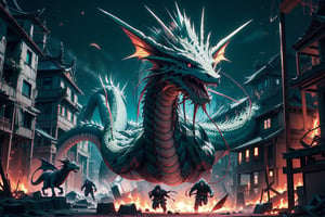 Celestial dragon, green scales, fiery phoenix, crimson red feathers, giant white snake, white scales, intense fighting, ancient China, destroyed buildings, fires, people running, dark scene, human death, blood
