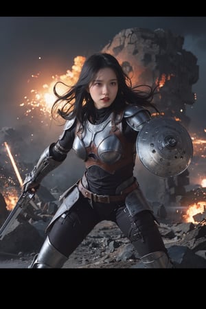 1girl, black hair, futuristic weapon, in combat, dynamic pose, intense expression, detailed eyes, (leather armor:1.3), glowing weapon, (energy shield:1.2), battlefield background, destroyed buildings, smoke, explosions in distance, (neon accents:0.8), high contrast lighting, (cinematic composition:1.5), wide-angle lens, best quality, masterpiece.