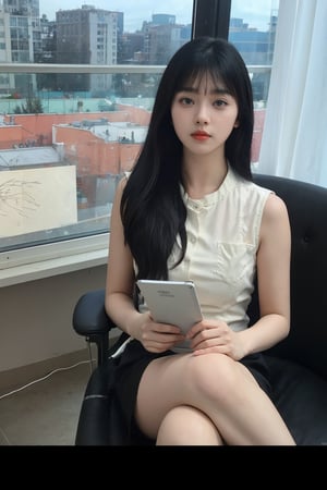 1girl, office lady, solo, (20yo), beautiful, detailed eyes, black hair, long hair, business suit, white shirt, black skirt, high heels, thighhighs, office, desk, computer, documents, window view, cityscape, beautifully detailed background, depth of field, realistic, ambient light, (cinematic composition:1.3), HDR, Accent Lighting, wide-angle lens, best quality, masterpiece