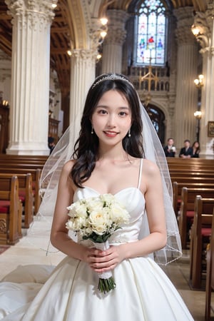 1girl, wedding scene, beautiful, black hair, long hair, (bride:1.2), white wedding dress, veil, holding bouquet, (smile:1.1), sparkling eyes, surrounded by guests, church interior, stained glass windows, flower decorations, candlelight, warm atmosphere, detailed background, depth of field, realistic, ambient light, (cinematic composition:1.3), high definition, best quality, masterpiece.