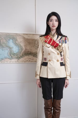 1girl, black hair, young, military general, full-body portrait, detailed uniform, (golden embroidery:1.2), epaulettes, (rank insignia:1.3), sharp eyes, determined expression, standing posture, holding a sword, (sword details:1.1), leather boots, (boot details:1.05), background suggestive of a war room, maps, strategy papers, dim lighting, realistic, depth of field, (cinematic composition:1.3), high resolution, best quality, masterpiece.