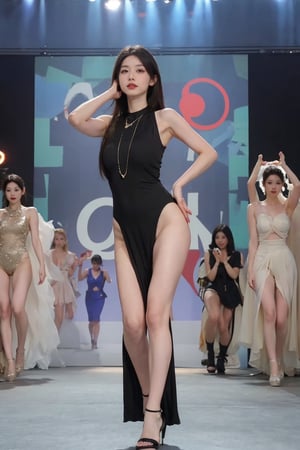 1girl, swimsuit, black hair, long hair, (beach:0.8), runway, fashion show, spotlight, glamorous, confident pose, high heels, summer vibe, audience cheering, (young:1.2), beautiful, detailed, best quality, masterpiece.