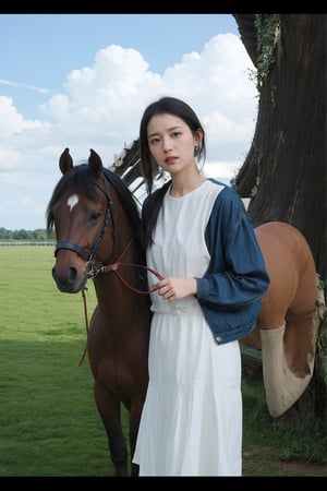 1girl, young lady, solo, (20yo), cute, detailed eyes, black hair, long hair, (ponytail:1.2), riding a horse, equestrian, traditional dress, red ribbon, looking forward, fields, countryside, sunny day, blue sky, white clouds, beautifully detailed background, depth of field, realistic, ambient light, (cinematic composition:1.3), HDR, Accent Lighting, wide-angle lens, best quality, masterpiece.