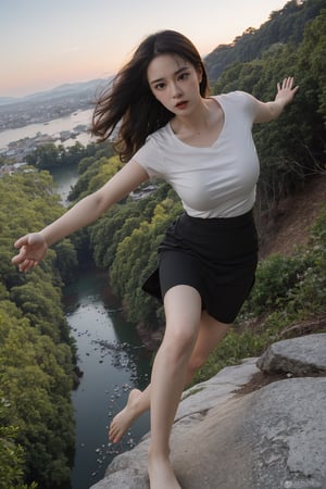 1girl, black hair, falling, cliff edge, panic expression, wind blowing hair, arms outstretched, (skirt billowing:1.2), rocky terrain below, (heightened sense of danger:1.3), dynamic motion, high detail, realistic style, ambient lighting, (shocking moment:1.5), HDR, wide-angle lens, best quality, masterpiece.