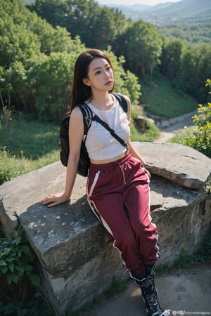 1girl, black hair, young lady, climbing a mountain, full body shot, athletic outfit, hiking boots, backpack, (sunrise:1.2), rocky terrain, greenery, high altitude, clear sky, (vivid colors:1.3), dynamic pose, determined expression, (sweating:0.8), natural light, wide-angle lens, best quality, masterpiece.