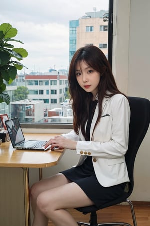 1girl, office lady, solo, (20yo), beautiful, detailed eyes, black hair, long hair, professional attire, suit jacket, pencil skirt, high heels, sitting at desk, computer on desk, office environment, modern interior, window view, sunlight, beautifully detailed background, depth of field, realistic, ambient light, (cinematic composition:1.3), HDR, Accent Lighting, wide-angle lens, best quality, masterpiece