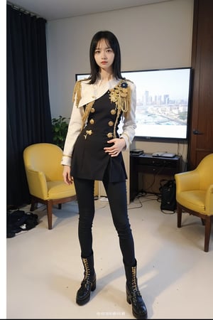 1girl, black hair, young, military general, full-body portrait, detailed uniform, (golden embroidery:1.2), epaulettes, (rank insignia:1.3), sharp eyes, determined expression, standing posture, holding a sword, (sword details:1.1), leather boots, (boot details:1.05), background suggestive of a war room, maps, strategy papers, dim lighting, realistic, depth of field, (cinematic composition:1.3), high resolution, best quality, masterpiece.