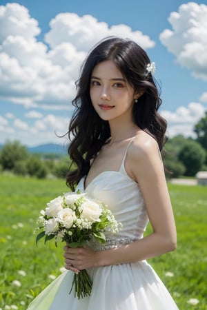 1girl, young woman,(25yo), black hair, long hair, detailed face, white wedding dress, holding a bouquet of roses, standing in a garden, smiling at the viewer, blooming flowers around, green grass, blue sky with fluffy clouds, realistic, ambient light, depth of field, (cinematic composition:1.3), soft focus on the subject, HDR, Accent Lighting, wide-angle lens, best quality, masterpiece