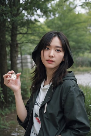 1girl, black hair, teenage, (20yo), survival scenario, wilderness, raining, wearing a jacket, waterproof, hood up, determined expression, holding a compass, surrounded by trees, muddy ground, puddles, mist, realistic, high dynamic range, depth of field, (cinematic composition:1.3), ambient light, wide-angle lens, best quality, masterpiece.