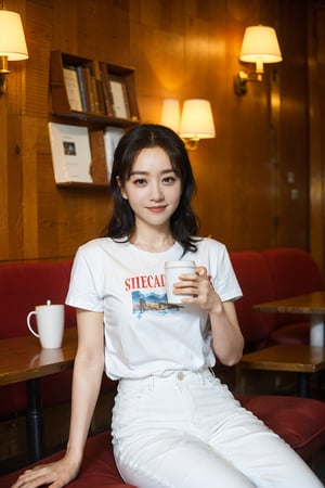 1girl, beautiful, black hair, smiling, sitting in a cafe, (18yo), detailed eyes, light blush, casual wear, white t-shirt, jeans, coffee cup in hand, surrounded by cafe ambiance, wooden tables, cozy lighting, books on shelves, (vintage clock:1.2), realistic, depth of field, ambient light, (cinematic composition:1.3), soft focus background, HDR, Accent Lighting, medium shot, best quality, masterpiece.