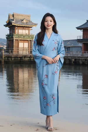 1girl, black hair, full body, standing, smiling, detailed eyes, (black hair:1.3), (kimono:1.2), (smiling:1.1), beautiful, elegant, peaceful expression, natural light, serene background, traditional Japanese setting, realistic, depth of field, ambient light, wide-angle lens, best quality, masterpiece