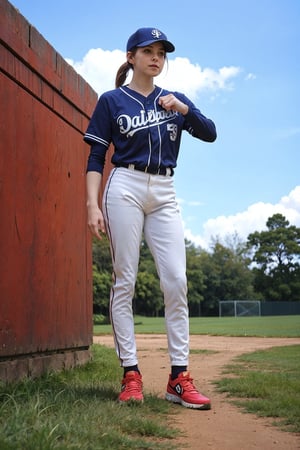 1girl, black hair, young, baseball uniform, full body shot, detailed eyes, beautiful, (sporty vibe:1.2), dynamic pose, outdoor field, sunny day, grass, dirt path, (baseball bat:0.9), (baseball glove:0.9), clear blue sky, high resolution, depth of field, realistic, ambient light, (cinematic composition:1.3), HDR, Accent Lighting, wide-angle lens, best quality, masterpiece.