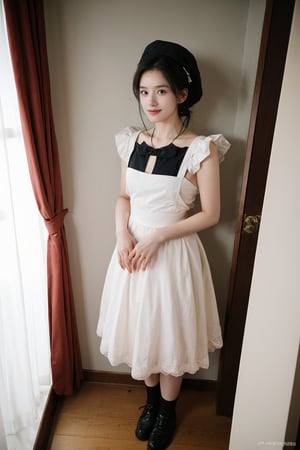 1girl, black hair, maid costume, full body, standing, smiling, room interior, detailed eyes, cute, youthful, light blush, looking at viewer, lace headwear, apron, dress with puff sleeves, bowtie, socks, shoes, floorboards, windows, curtains, furniture, beautifully detailed background, realistic, soft lighting, (cinematic composition:1.3), wide-angle lens, best quality, masterpiece.