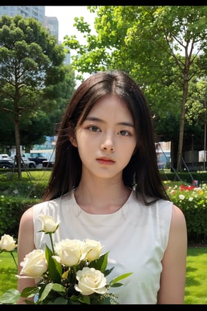 1girl, young woman,(25yo), black hair, long hair, detailed face, white wedding dress, holding a bouquet of roses, standing in a garden, smiling at the viewer, blooming flowers around, green grass, blue sky with fluffy clouds, realistic, ambient light, depth of field, (cinematic composition:1.3), soft focus on the subject, HDR, Accent Lighting, wide-angle lens, best quality, masterpiece