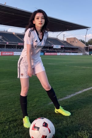 1girl, black hair, full body, soccer uniform, detailed facial features, bright eyes, Cleavage,athletic posture, standing, soccer cleats, green field, outdoor, sunny day, dynamic pose, high quality, masterpiece