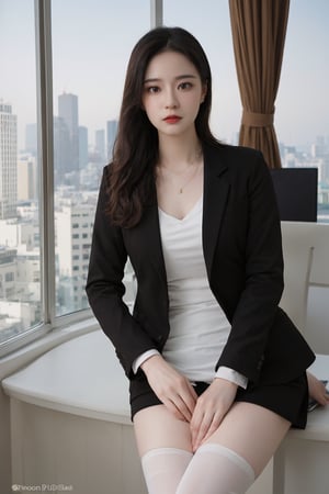 1girl, office lady, solo, (20yo), beautiful, detailed eyes, black hair, long hair, business suit, white shirt, black skirt, high heels, thighhighs, office, desk, computer, documents, window view, cityscape, beautifully detailed background, depth of field, realistic, ambient light, (cinematic composition:1.3), HDR, Accent Lighting, wide-angle lens, best quality, masterpiece