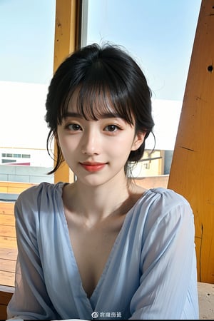 1girl, young woman, portrait, (18yo), black hair, short hair, smiling, detailed facial expressions, clear skin, bright eyes, casual wear, simple background, soft lighting, warm tone, realistic style, ambient light, (cinematic composition:1.2), wide-angle lens, best quality, masterpiece.