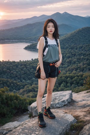 1girl, black hair, standing on a mountain top, full body shot, wearing climbing gear, hiking attire, (mountain range:1.3), (peak:1.2), (sunset:0.9), vibrant colors, clear sky, high resolution, realistic style, wide-angle lens, best quality, masterpiece.