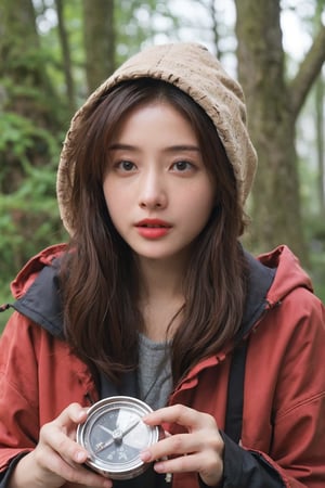 1girl, black hair, teenage, (20yo), survival scenario, wilderness, raining, wearing a jacket, waterproof, hood up, determined expression, holding a compass, surrounded by trees, muddy ground, puddles, mist, realistic, high dynamic range, depth of field, (cinematic composition:1.3), ambient light, wide-angle lens, best quality, masterpiece.