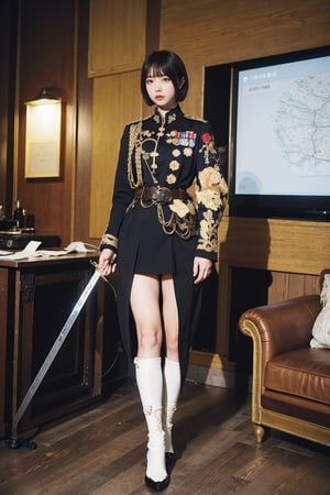 1girl, black hair, young, military general, full-body portrait, detailed uniform, (golden embroidery:1.2), epaulettes, (rank insignia:1.3), sharp eyes, determined expression, standing posture, holding a sword, (sword details:1.1), leather boots, (boot details:1.05), background suggestive of a war room, maps, strategy papers, dim lighting, realistic, depth of field, (cinematic composition:1.3), high resolution, best quality, masterpiece.